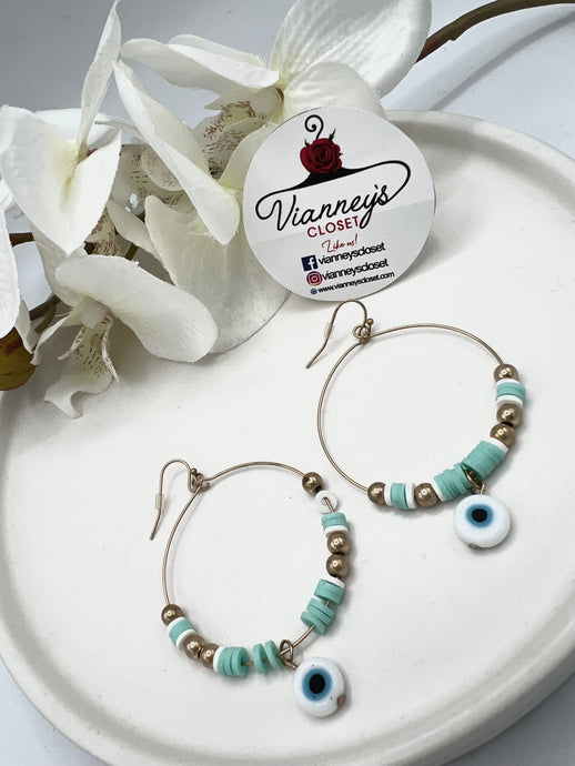 Miriam Golden Red/Aqua/Black Evil Eye Hoop Dangle Earrings