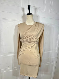 Bella Beige Long Sleeve Dress w/ Round Neckline