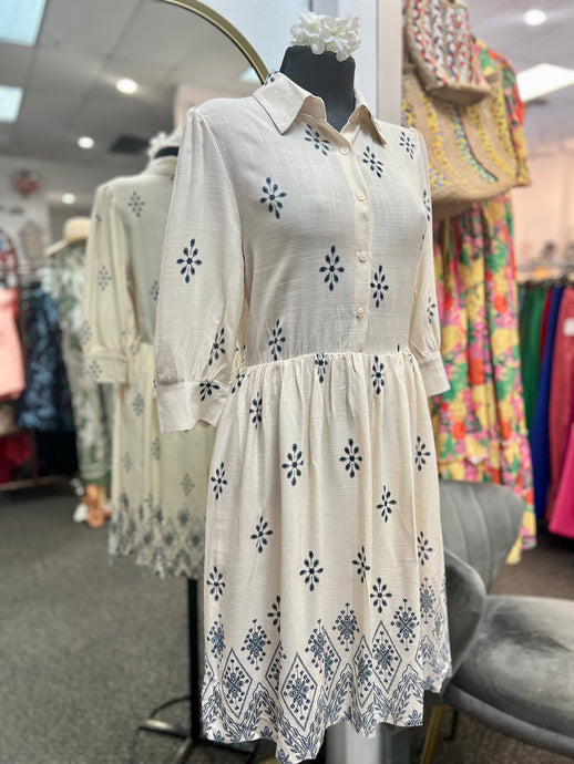 Luisa Ivory/Blue Midi Short Sleeve Shirt Dress