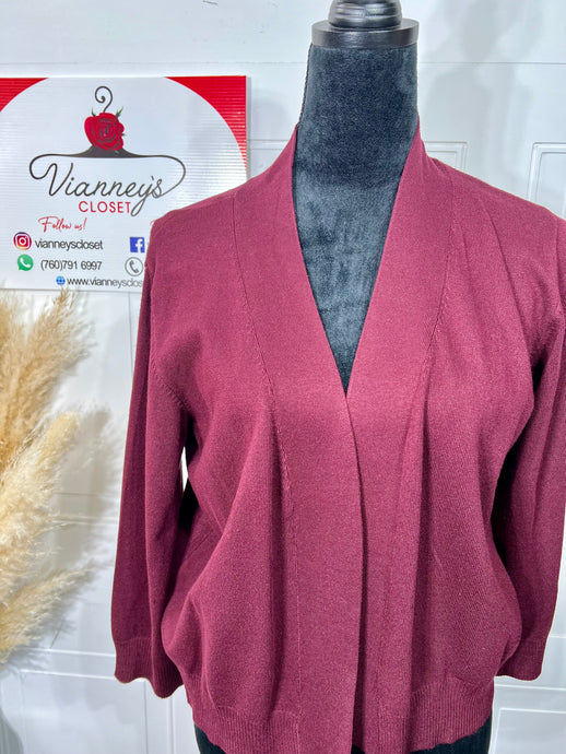 Sofia Plus Wine 3/4 Sleeve Open Front Cardigan