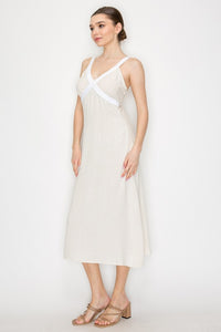 Giselle Natural V Neck Crossover Linen Dress