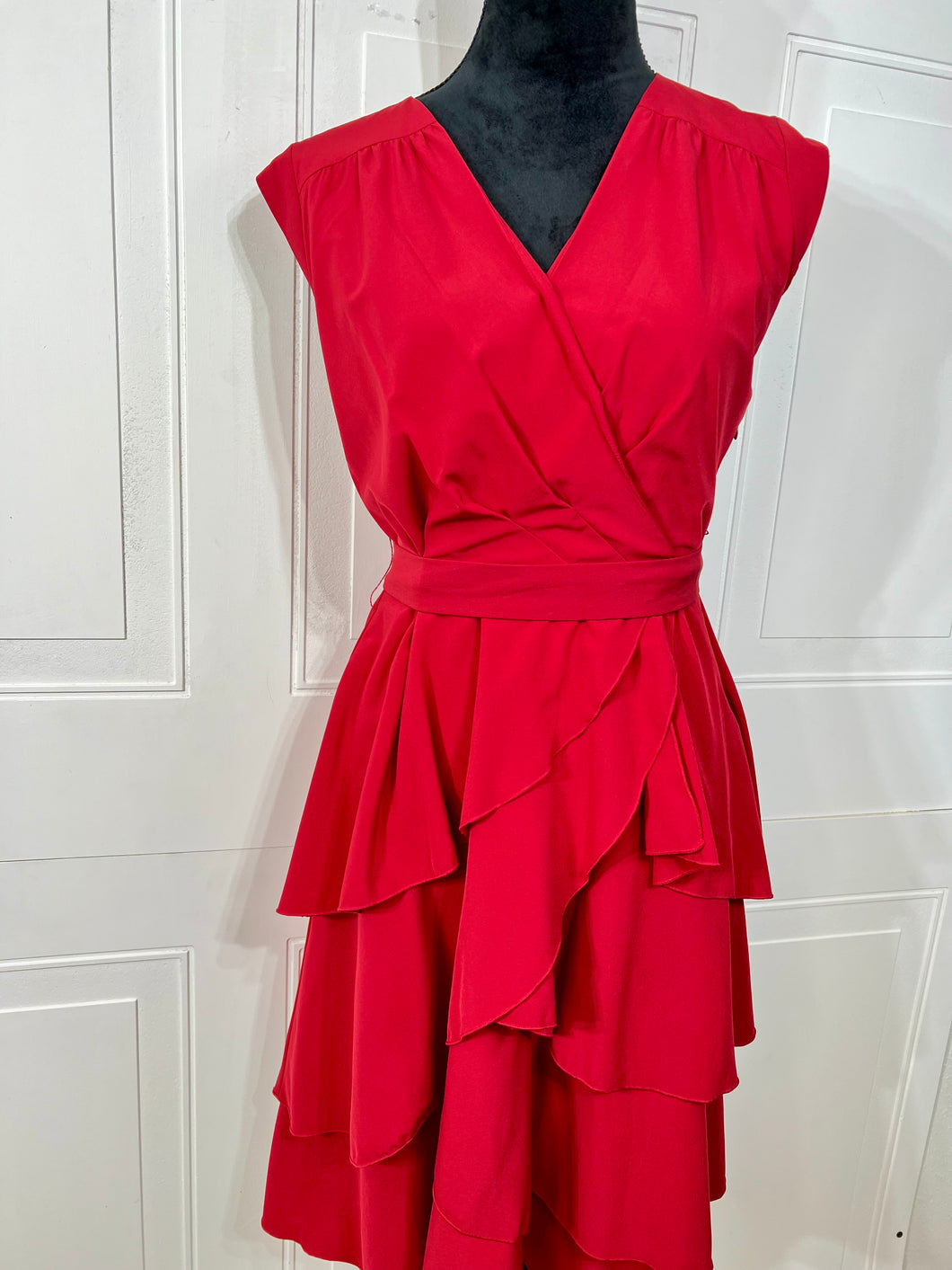 Stacy Red Surplice Tiered Sleeveless Midi Dress