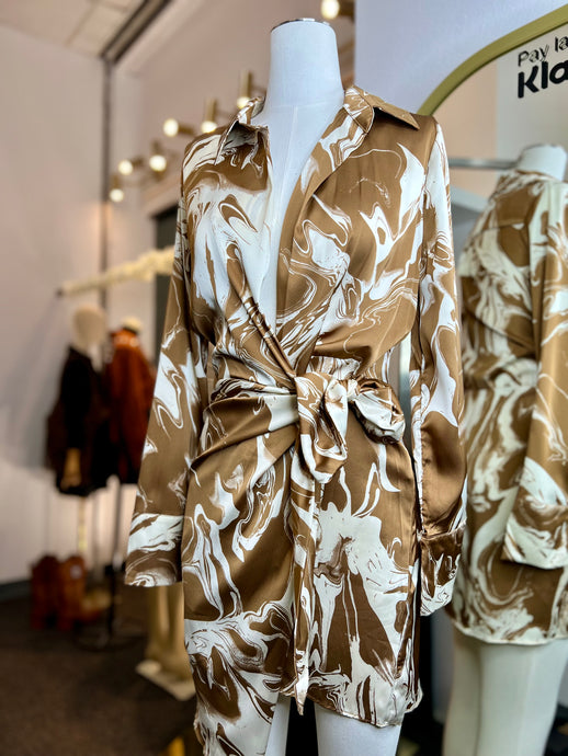 Carol Satin Long Sleeve V-Neck Front Tie Mini Dress