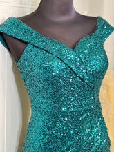 Load image into Gallery viewer, Farah Teal Sequence Off the Shoulder Evening Dress