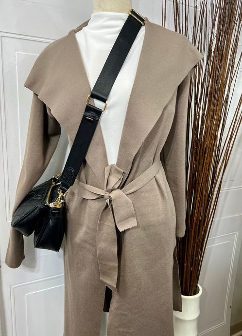 Maybel Truffle Self Front Tie Sweater Trench coat