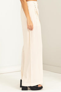 Ivanka Ivory High Rise Lace-Up Detail Wide Leg Pants