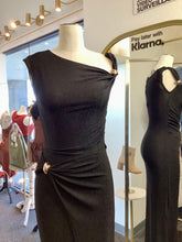 Load image into Gallery viewer, Bridget Black Sparkly Gold Detailed Twist Shoulder Midi Dress