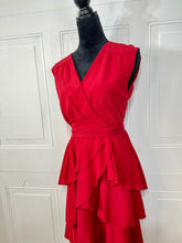 Load image into Gallery viewer, Stacy Red Surplice Tiered Sleeveless Midi Dress