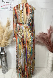 Mily Colorful Animal Print Maxi Dress with Side Slits ad Cute Gold Button Detail