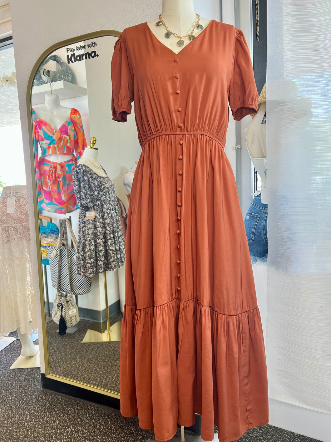 Janice Rust Flowy Maxi Dress Sided Pockets