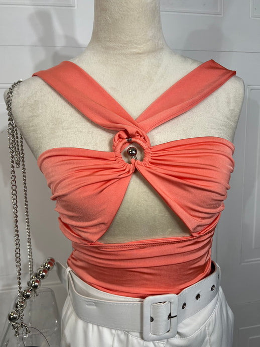 Marla Black or Coral Ring Halter Stretchy Crop Top