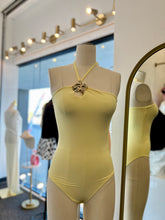 Load image into Gallery viewer, Claire Camel or Butter Yellow Halter Double Lined Gold Detail Bodysuit