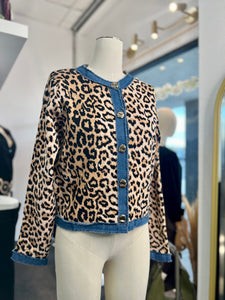 Camila Animal Print Distressed Denim Trimming Button Up Sweater