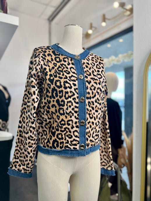 Camila Animal Print Distressed Denim Trimming Button Up Sweater