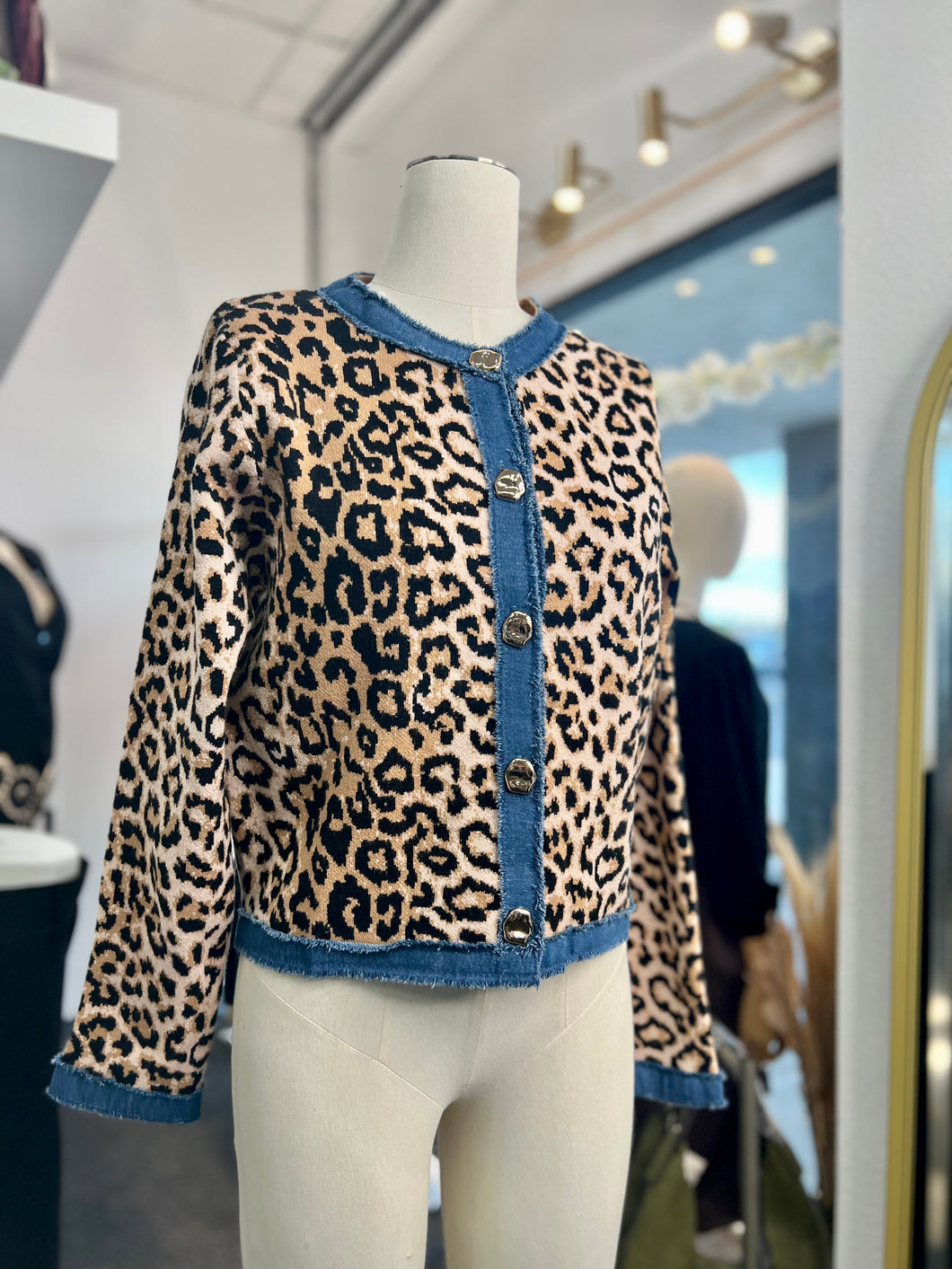 Camila Animal Print Distressed Denim Trimming Button Up Sweater