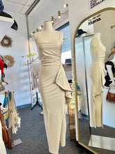 Load image into Gallery viewer, Nubia Satin Nude Spaghetti Strap Open Leg Maxi Dress