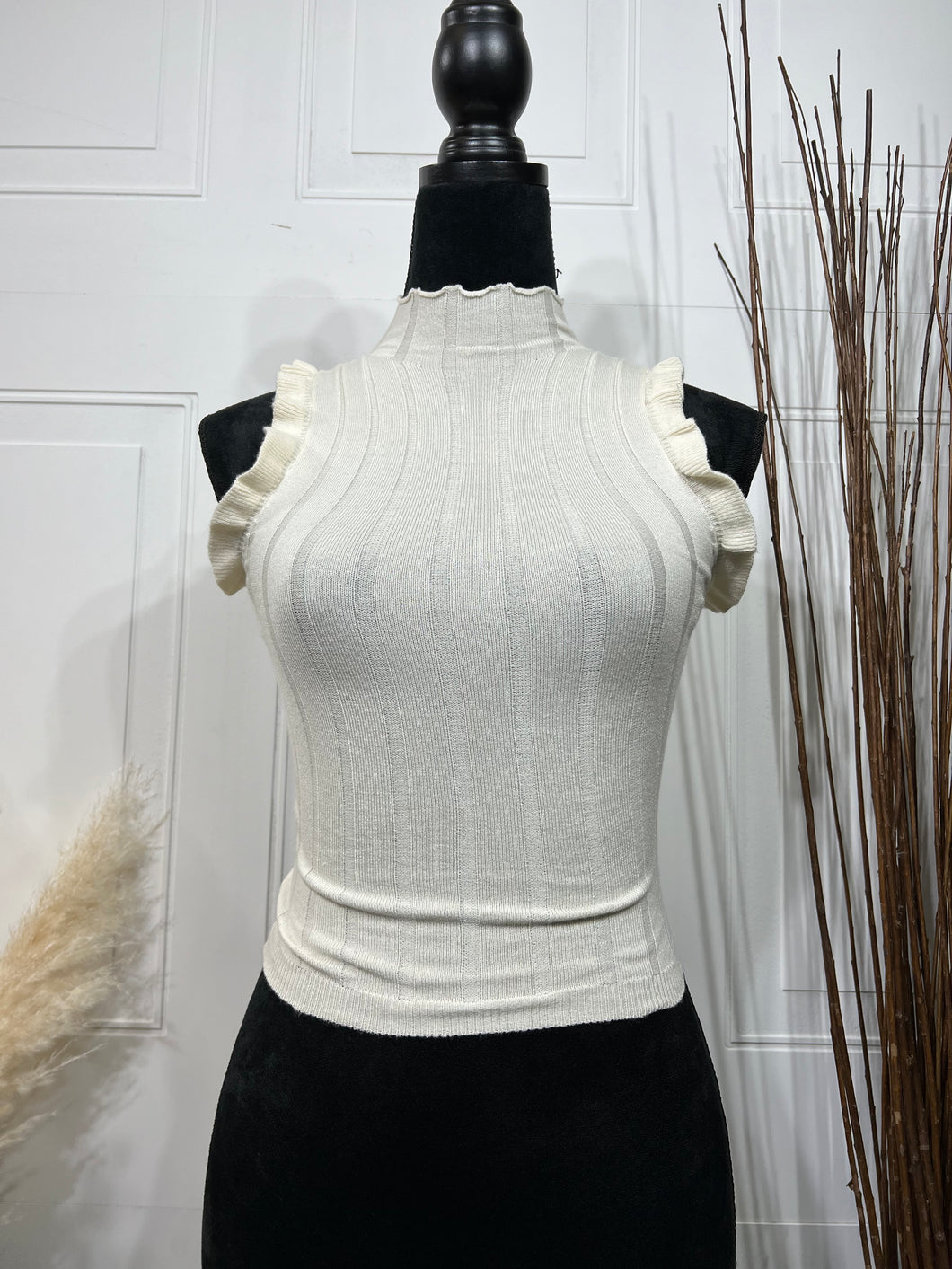 Riley Off White Sleeveless Mock Neck Ribbed Sweater Top