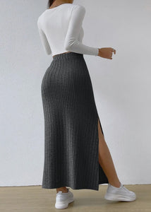 Aurie Solid High Waist Side Split Knit Long Skirt