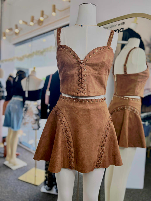Dayla Camel Suede Lace Up Skirt Set