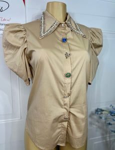 Ariday Beige Detailed Button Puffy Sleeve Top