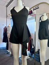 Load image into Gallery viewer, Christie Black Techno Crepe Ruffle Hem Spaghetti Strap Romper