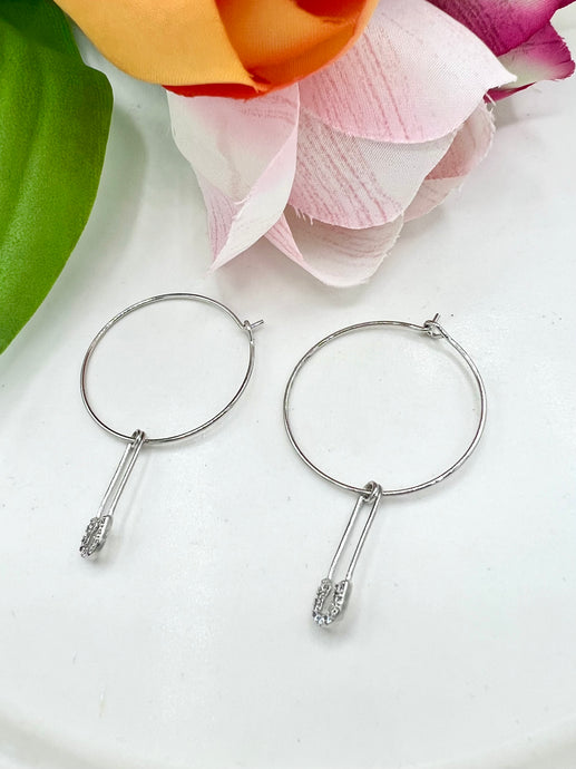 Trina 24K White Gold Dipped Medium Size Hoops with Safety Pin Detail