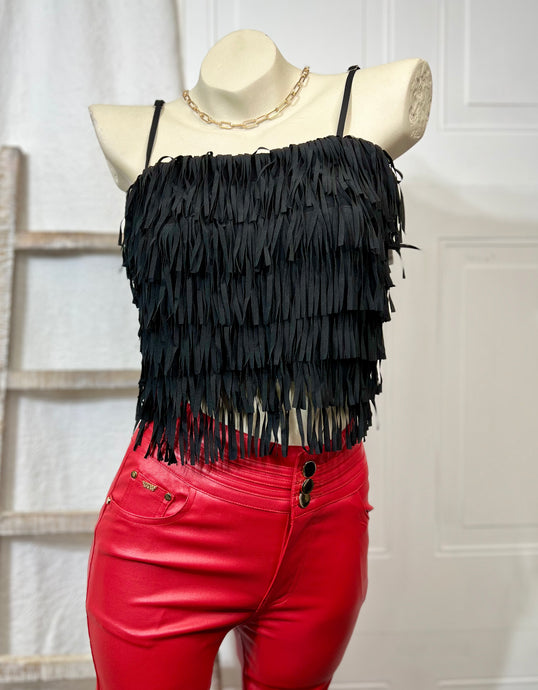 Brenda Black All Fringe Covered Spaghetti Strap Top