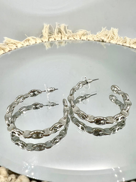Silver Chain C-Hoop Post Back Earrings