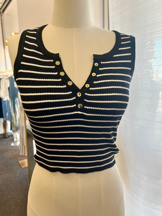 Sandra Striped Black or Khaki Ribbed gold button Tank Top