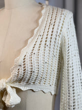 Load image into Gallery viewer, White Open Knit Long Sleeve Front Tie Beads Detail Cardigan