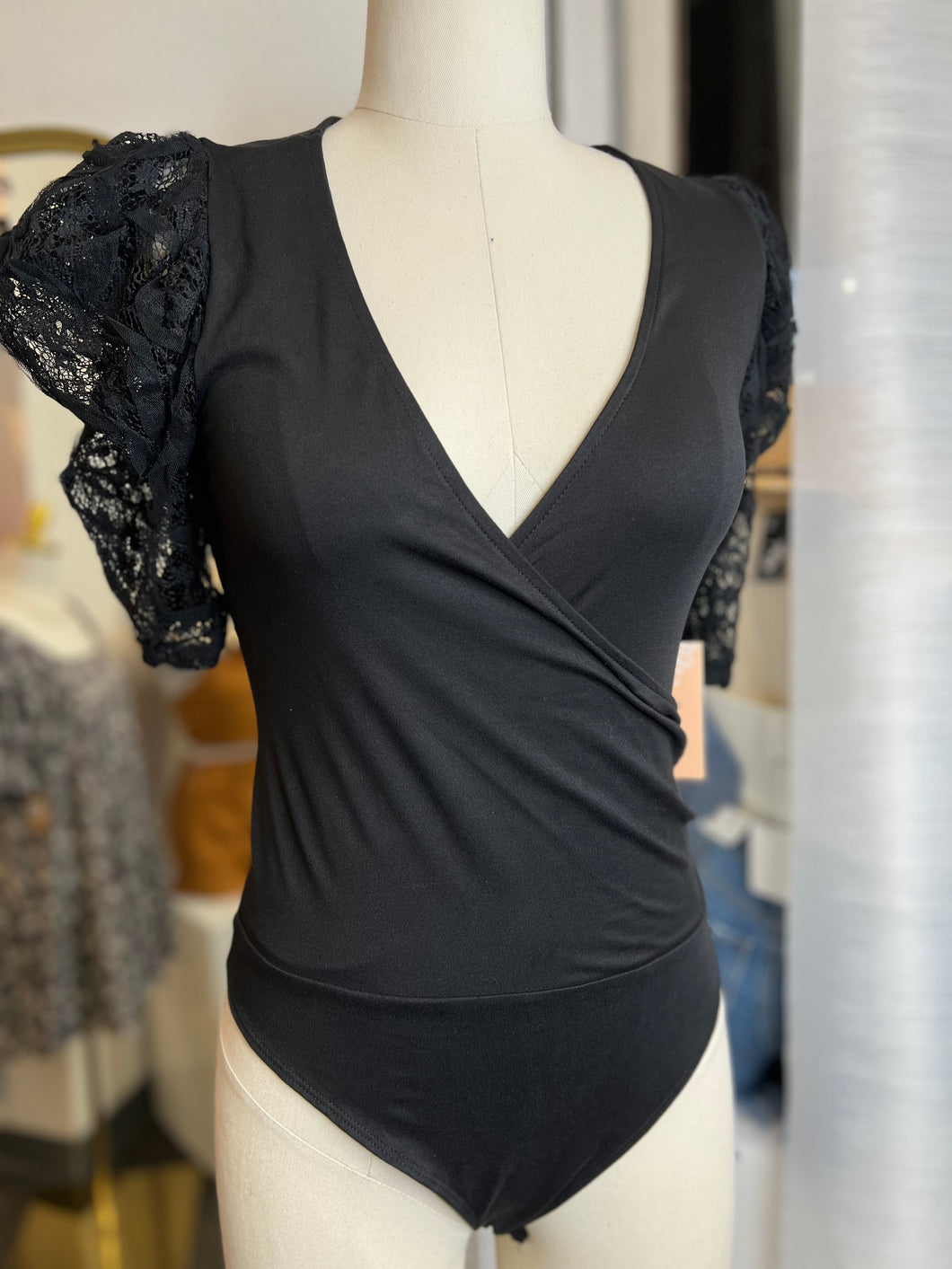 Leslie Black Front Criss Cross Bodysuit Top