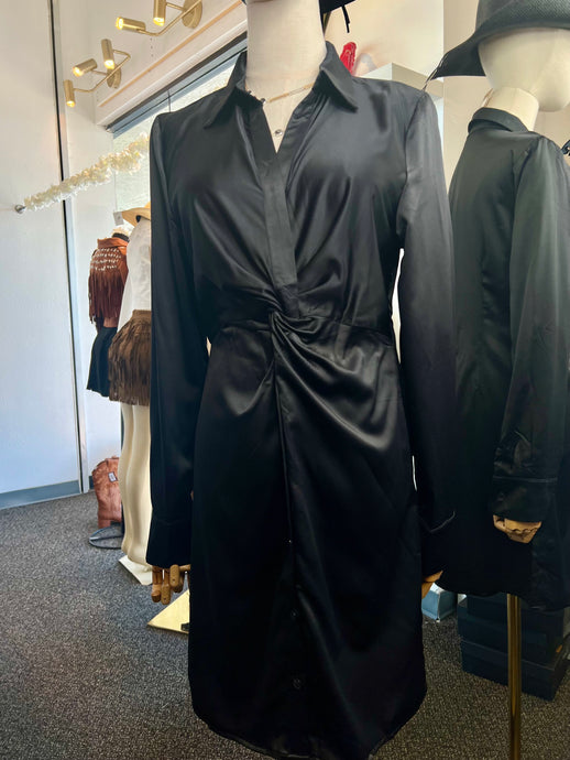 Itza Black Satin Long Sleeve Button Down Short Dress