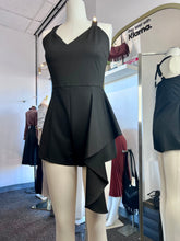 Load image into Gallery viewer, Christie Black Techno Crepe Ruffle Hem Spaghetti Strap Romper
