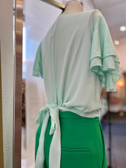 Paula Mint Flowy Sleeves Tie Back Blouse