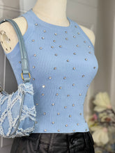 Load image into Gallery viewer, Chloe Ribbed Sky-Blue Crystals Tank Top