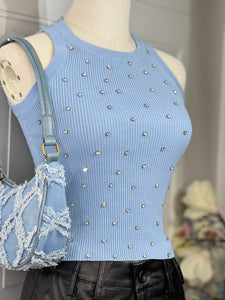 Chloe Ribbed Sky-Blue Crystals Tank Top