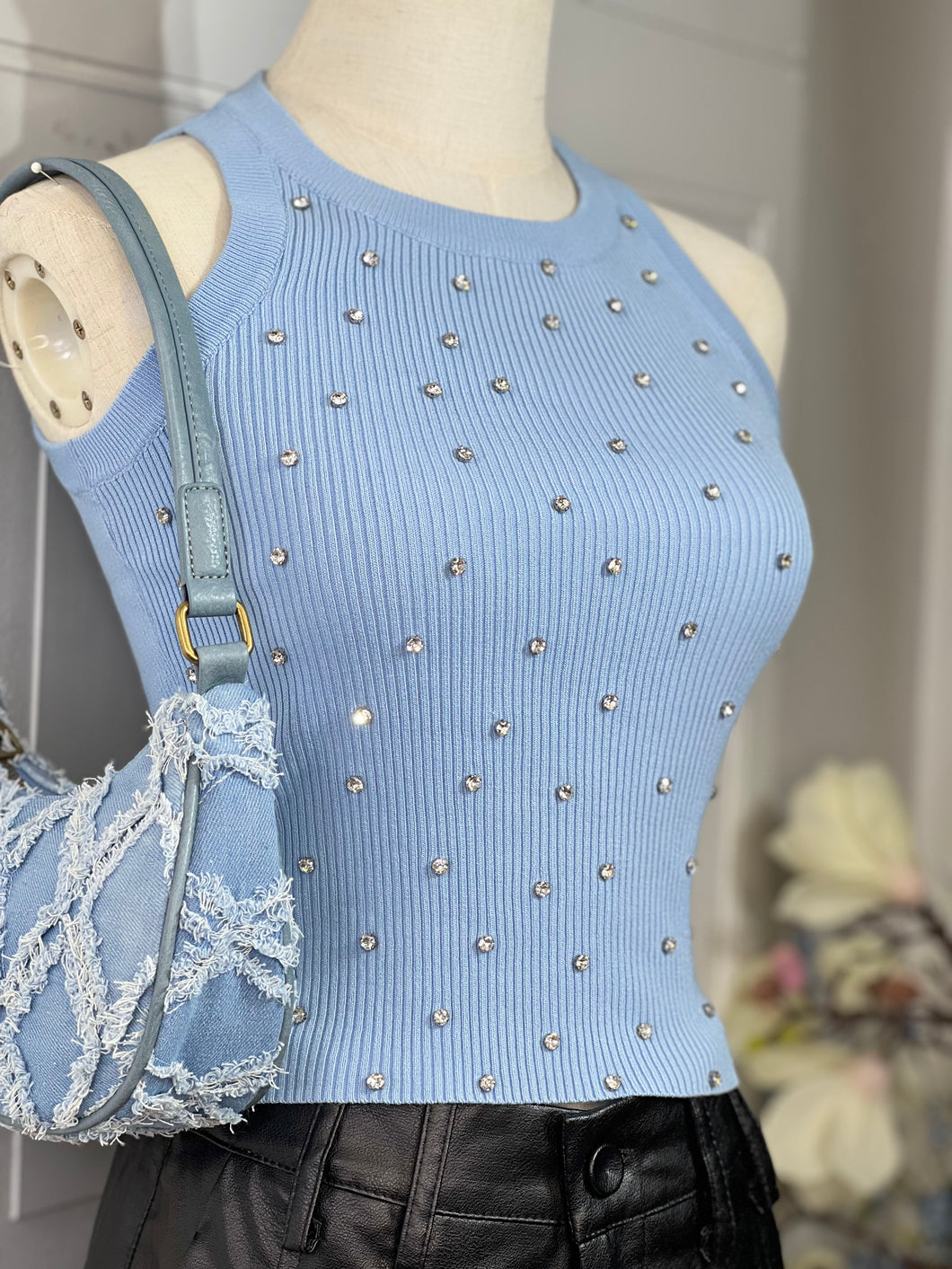 Chloe Ribbed Sky-Blue Crystals Tank Top