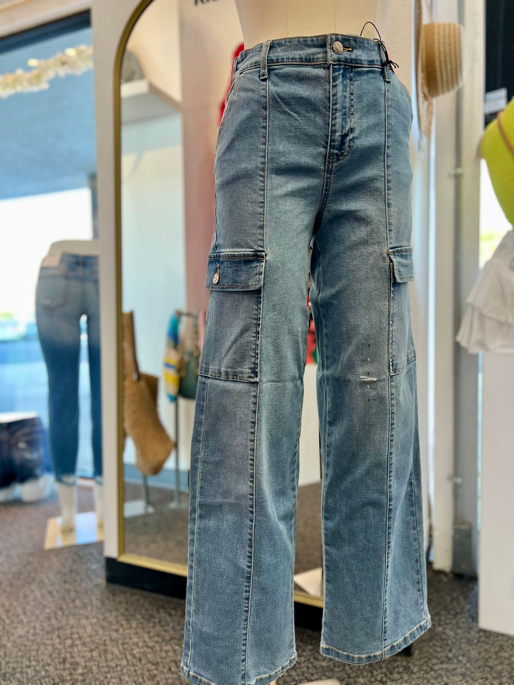 Sondra Wide Leg Light Wash Denim Cargo Jeans