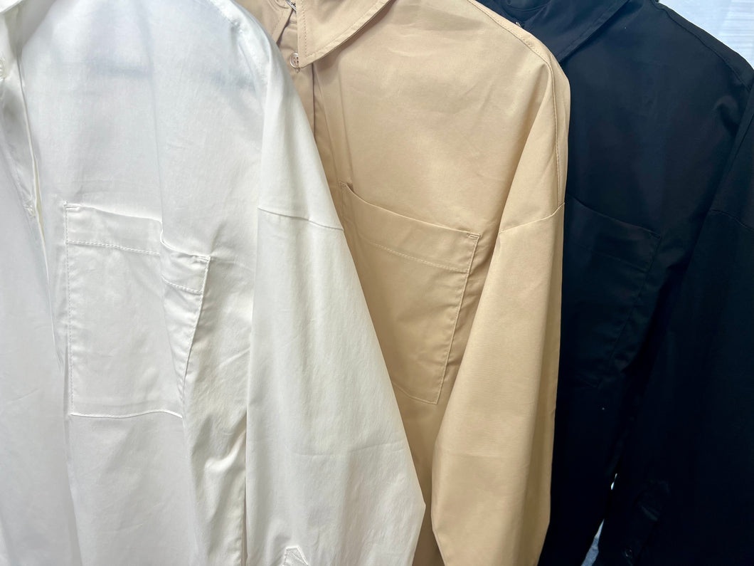 Ellen White Khaki or Black Poplin Button Down Blouse