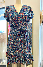 Load image into Gallery viewer, Lilian Navy Floral Short Sleeve Back Tie Midi Dress