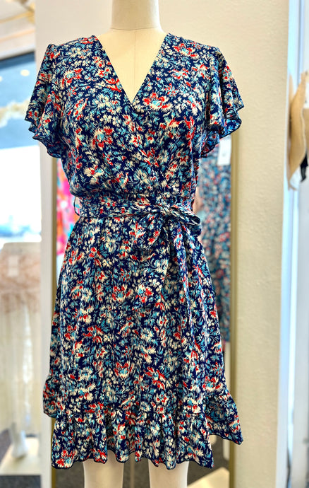 Lilian Navy Floral Short Sleeve Back Tie Midi Dress