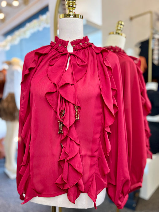 Justine Burgundy Ruffle Long Sleeve Top