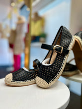 Load image into Gallery viewer, Serena Black Flat Mary Jane Shoes With Burlap &amp; Crochet