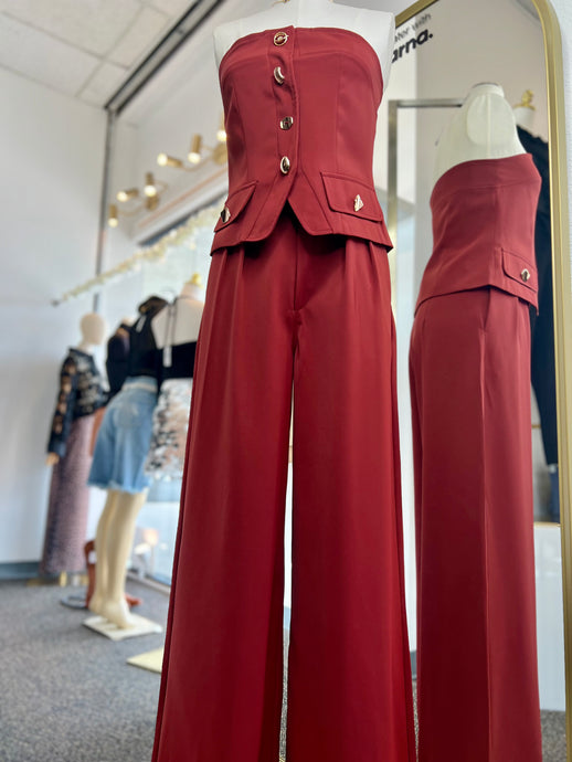 Kayla Cranberry  2Piece Pants Set Gold Detailed