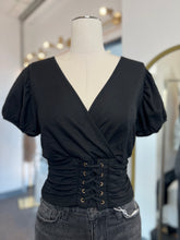 Load image into Gallery viewer, Denisse Black Short Sleeve Smocked Waist Crop Top