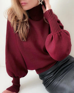 Priscilla Brown Or Red  Puff Sleeves Cinched waist turtleneck.