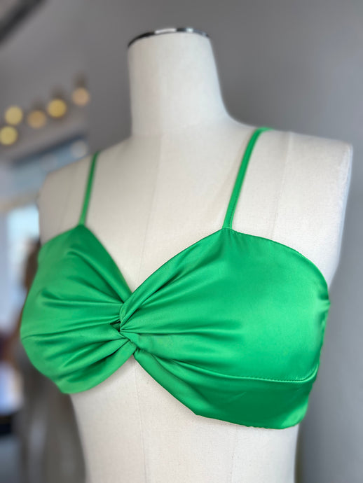 Alisa Lime Green Front Twist Spaghetti Strap Satin Crop
