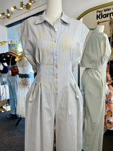 Load image into Gallery viewer, Deidra Striped Button-Down Linen Blend Light Taupe or Light Blue Jumpsuit