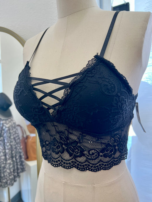 Sofia Black Front Cross Lace Bralette