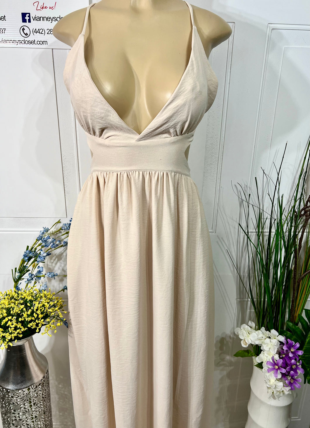 Leilanie Beige Spaghetti Strap Long Dress